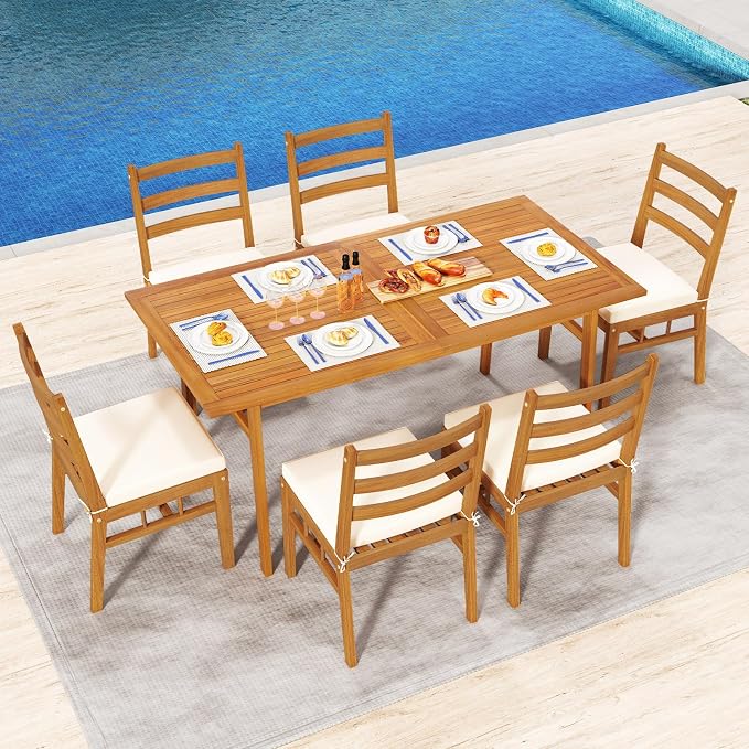 Tangkula 7 Pieces Patio Acacia Wood Dining Set, Outdoor Heavy Duty Rectangular - Image 2