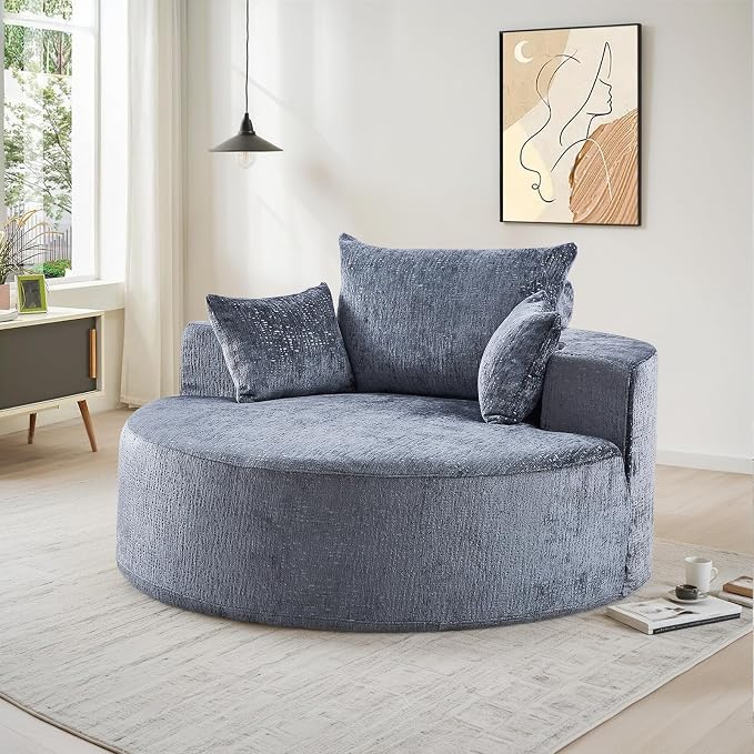 Oversized Round Chaise Longue Chair Indoor, Modern 55-inch Upholstered Chenille - Image 3