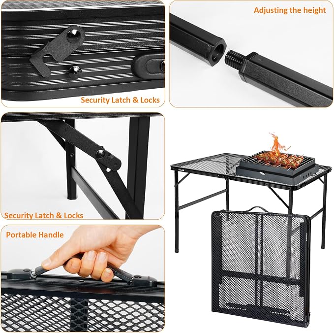 4 ft Folding Table with Metal Mesh Desktop, Grill Table Camping Table with - Image 6