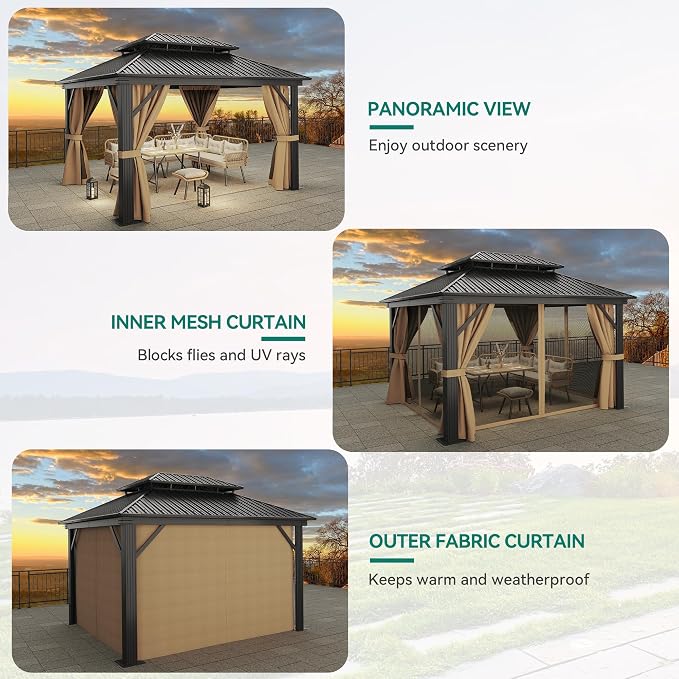 YITAHOME 12x14ft Gazebo Hardtop Double Roof Outdoor Heavy Duty w/Nettings and - Image 6