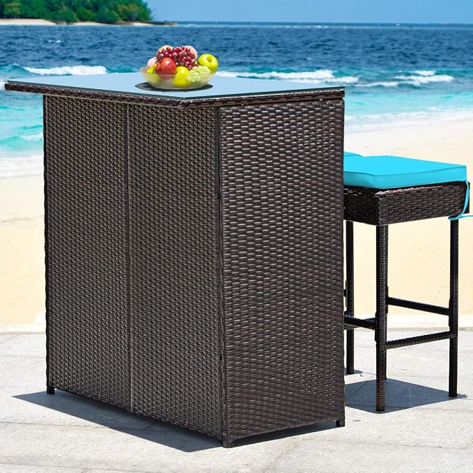 Tangkula Patio Bar Set, 3 Piece Outdoor Rattan Wicker Bar Set - Image 3