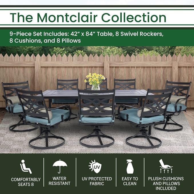Hanover Montclair 9-Piece Outdoor Dining Set, 8 Swivel Rocker Chairs - Image 3