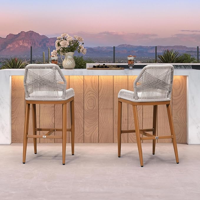 PURPLE LEAF Bar Stool 1 Piece Outdoor Bar Height Metal Stool Modern Wicker - Image 2