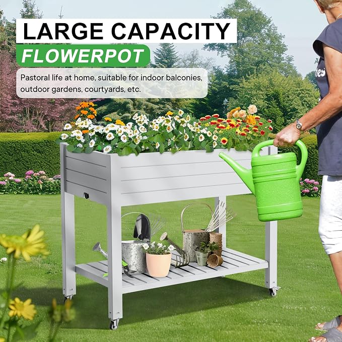 Raised Garden Bed with Legs, 33.66" Tall Self-Watering Resin Planter Box with - Image 2