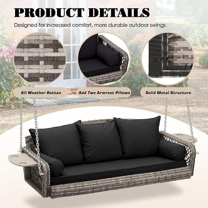 3-Person Hanging Porch Swing, Outdoor Wicker Hanging Swing Chair, 76inch Wicker - Image 5