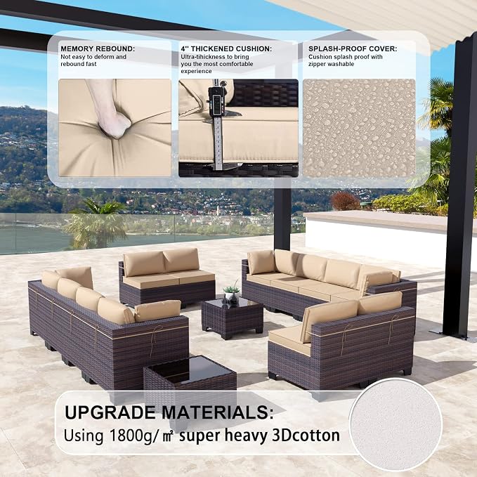 Kullavik 14 Pieces Outdoor Patio Furniture Set, Sectional Rattan Sofa Set Brown - Image 2