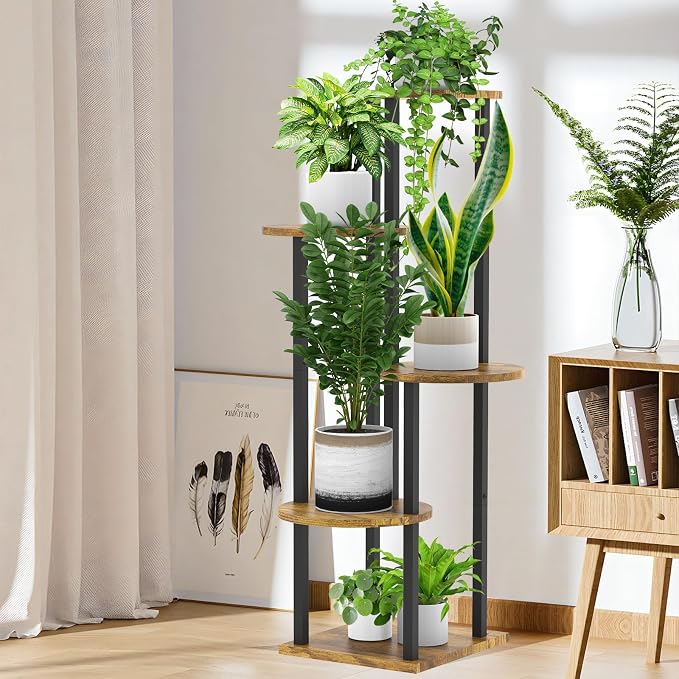 5 Tier Wood Tall Plant Stand Metal Rack Indoor, Round Planter Shelf Display - Image 5