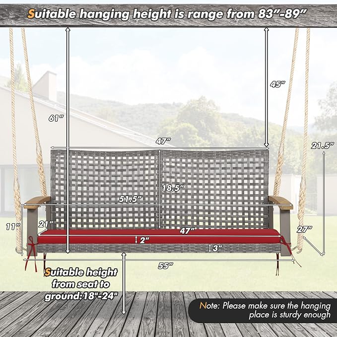 Happygrill 2-Person Patio Porch Swing Chair, Outdoor Rattan Swing Bench - Image 8