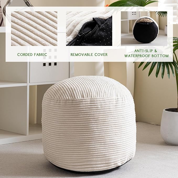 HIGOGOGO Round Stuffed Pouf Ottoman, Corduroy Poufs - Image 3