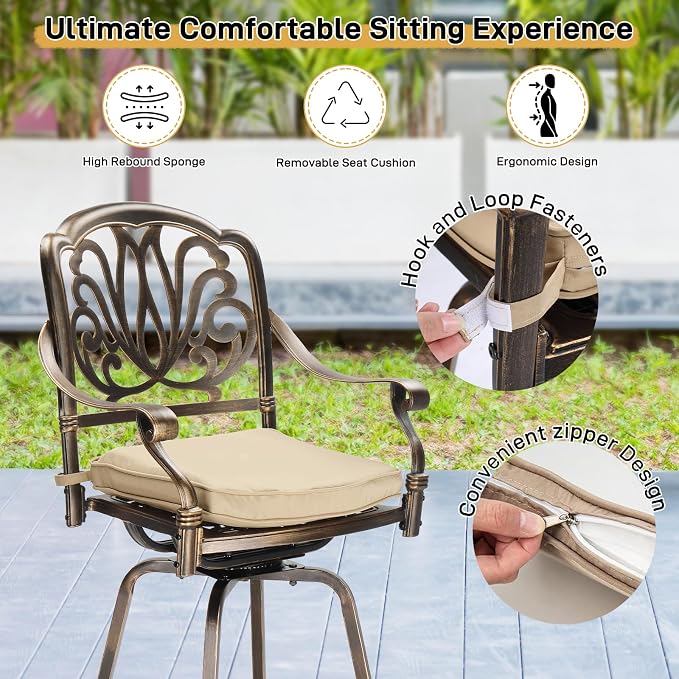 Outvita 2 Piece Outdoor Patio Swivel Bar Stools, All-Weather Cast Aluminum Bar - Image 3