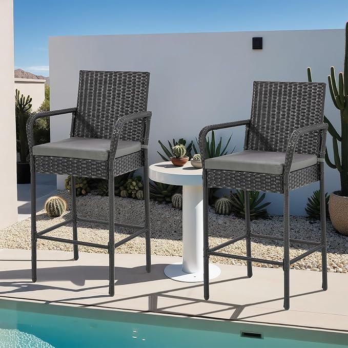 ECOTOUGE Set of 2 Patio Rattan Barstools, All-Weather Wicker Bar Height Chairs - Image 7