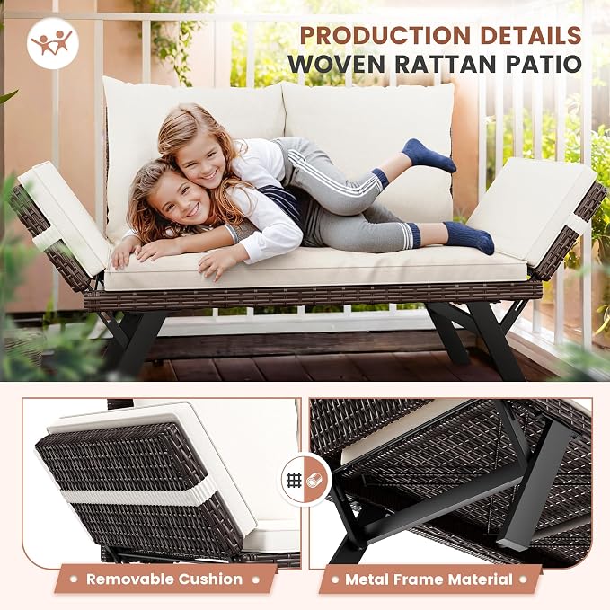 Flamaker Outdoor Convertible Sofa, Woven Rattan Patio Furniture Sunbed - Image 4