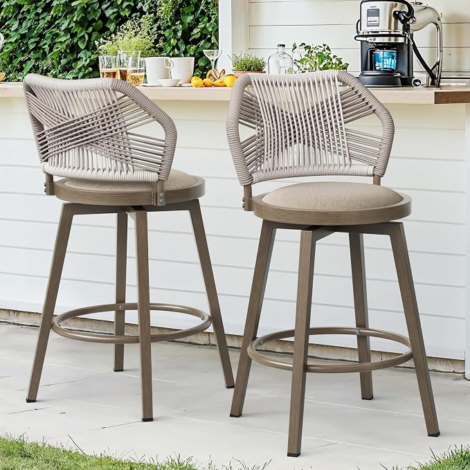360° Swivel Outdoor Bar Stools Set of 2, Modern Aluminum Wicker Bar Stool by COZYMAN