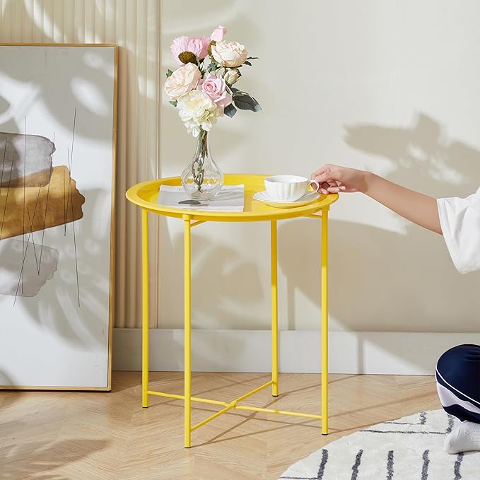 VECELO Side/End Table, Folding Round Metal Anti-Rust and Waterproof Outdoor or - Image 6