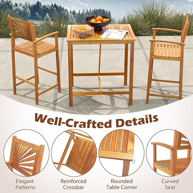 Tangkula 3 Piece Patio Bar Table & Chairs, Outdoor Acacia Wood Bar Set - Image 8