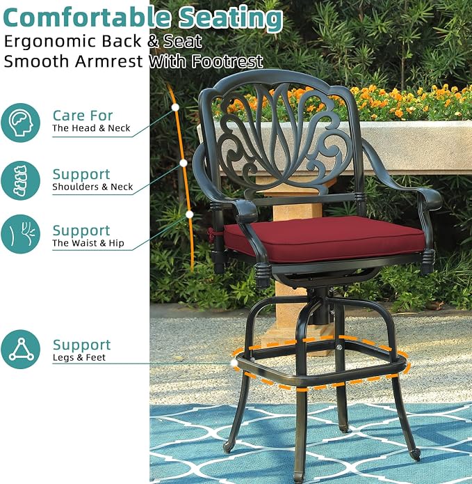 MEETWARM 2 Piece Patio Swivel Bar Chairs, All Weather Cast Aluminum High Swivel - Image 7