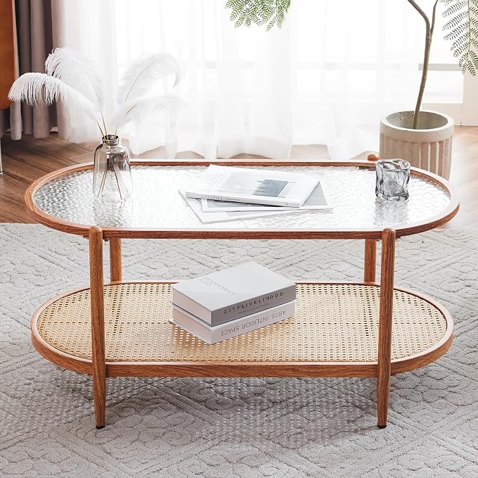 VINGLI 38" Rattan Oval Coffee Table, Water-Wave Glass Metal Center Table by VINGLI