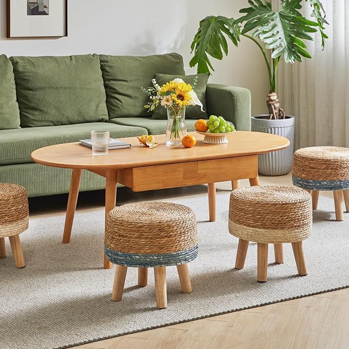 YMYNY Foot Stool Natural Seagrass Hand Weave, 12.6" Small Ottoman, Round - Image 7