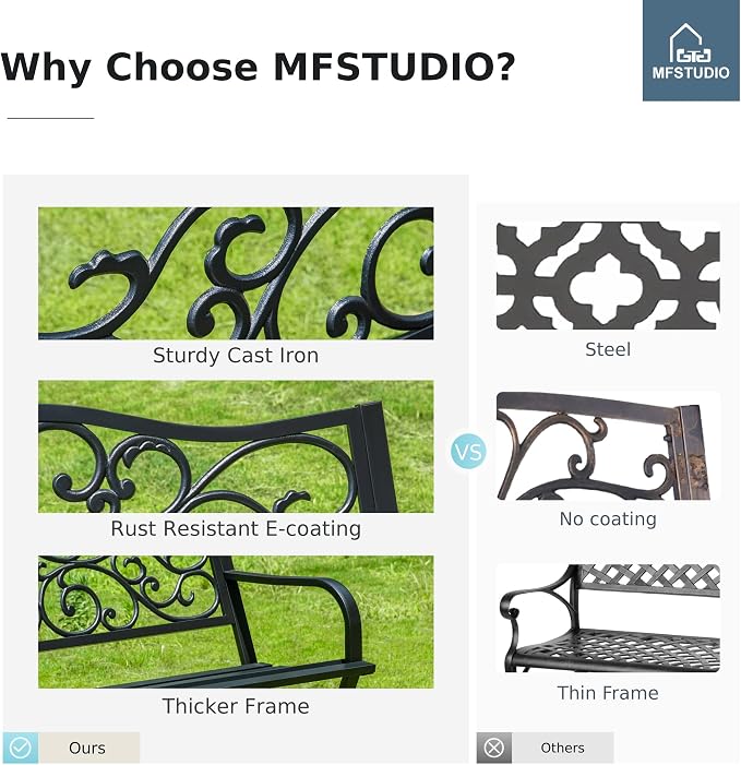 MFSTUDIO 50 Inches Outdoor Garden Bench, Cast Iron Metal Frame Patio Park Bench - Image 8