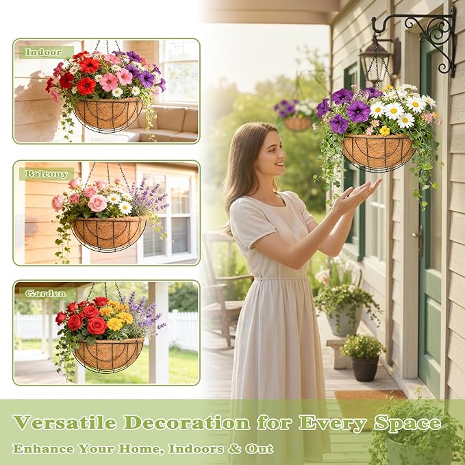 4 Pack 14 Inch Hanging Baskets for Plants Outdoor Metal Hanging Planter Hanging - Image 2