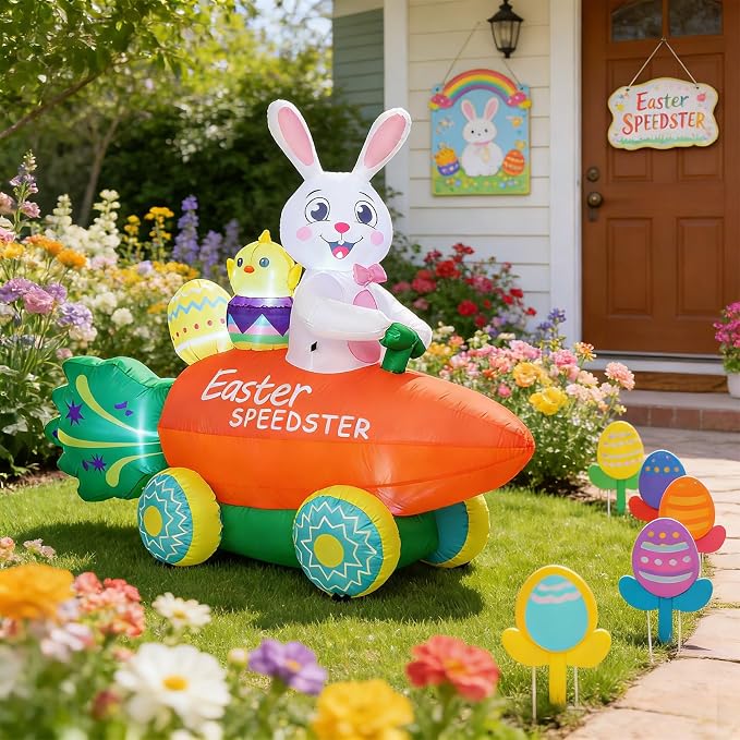Inflatable Easter Bunny with Carrot Car and Easter Eggs, 6FT Easter Inflatables by Unknown