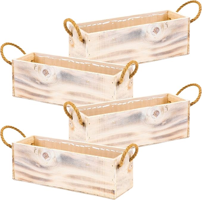 Wooden Planter Box with Handle I Rustic Whitewash I Plastic Liner l Garden by Unknown