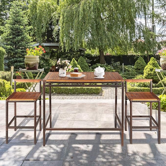 Tangkula 3 Pieces Patio Bar Table Set, Outdoor Rattan Bistro Set - Image 3