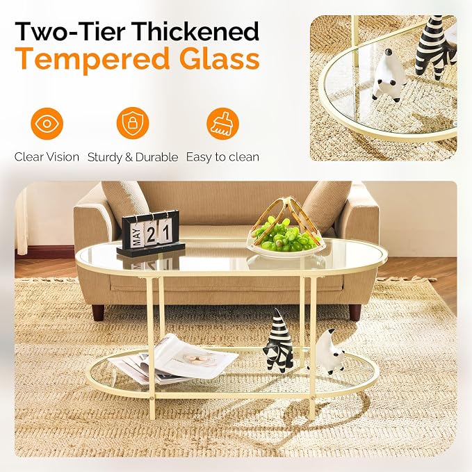 VINGLI 38" Glass Coffee Table, Oval Coffee Tables - Image 3