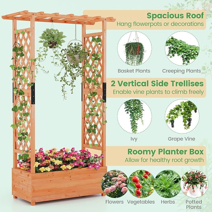 Giantex Raised Garden Bed with Trellis & Hanging Roof, Wood Planter Box with - Image 5