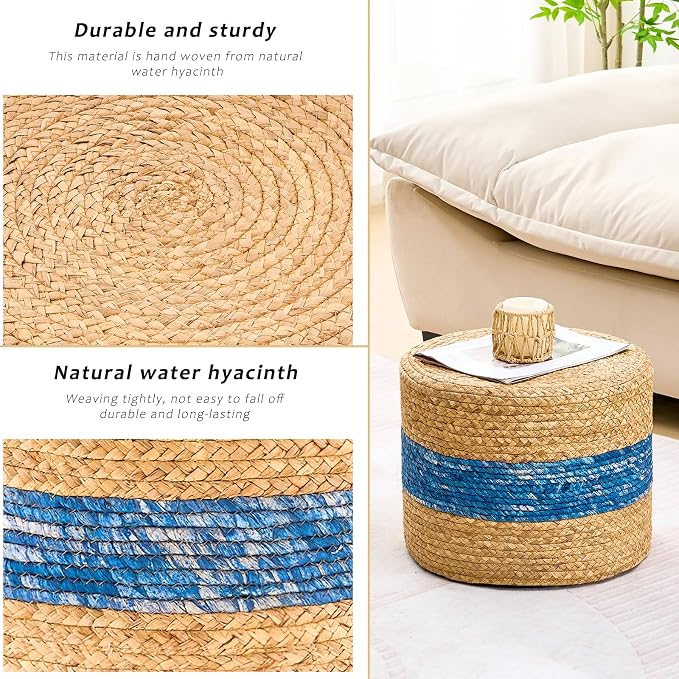 Handwoven Water Hyacinth Ottoman Pouf, Round Outdoor Footstool - Image 5