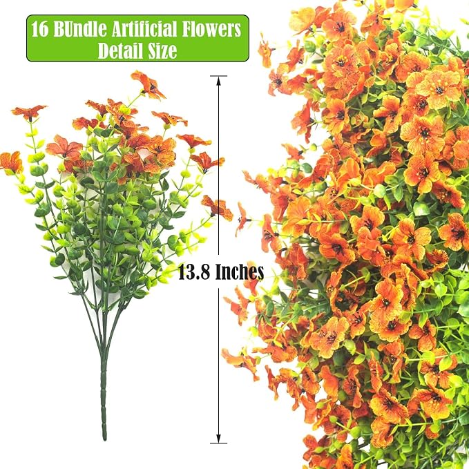 Artificial Fake Flowers for Outdoor Spring Decoration, 16 Bundles Faux Silk - Image 2