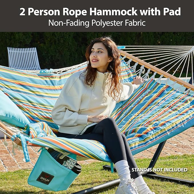 Outdoor Double Hammock with Hardwood Spreader Bars, Large Rope Hammock with - Image 2