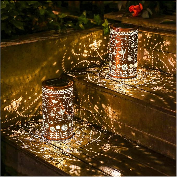 2 Pack Bee Outdoor Solar Hanging Lanterns Waterproof LED Solar Lights Metal by TIGGSY