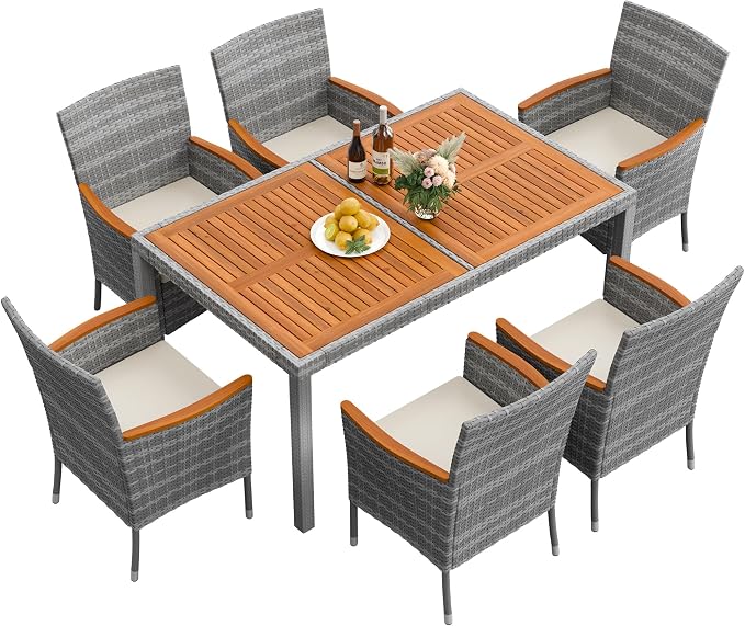 Flamaker 7 Piece Patio Dining Set Outdoor Acacia Wood Table and Chairs by Flamaker