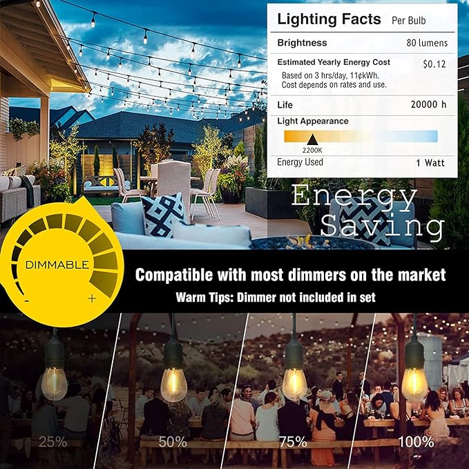 Achin Outdoor String Lights 48FT Dimmable Warm 2200K LED Patio Lights Outdoor - Image 6
