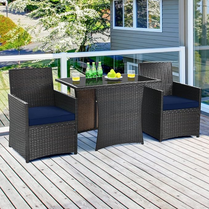 Tangkula 3 Pieces Patio Dining Set, Space-Saving PE Rattan Bistro Set - Image 2