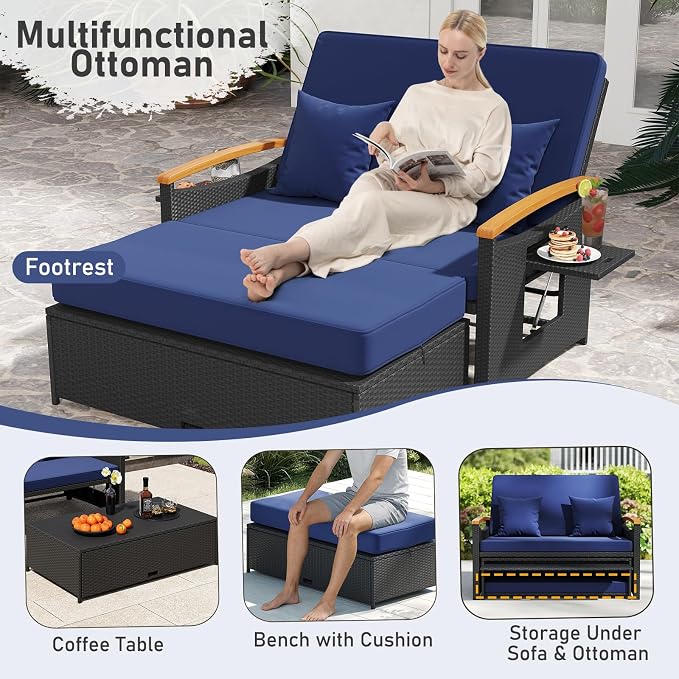 Moccha Outdoor Wicker Daybed, Patio Rattan Loveseat Sofa w/ 4-Level Adjustable - Image 4