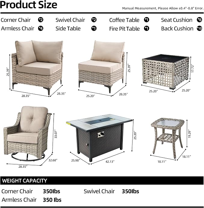 11 Pieces Outdoor Patio Furniture Set, Rattan Wicker Sectional Swivel Rocker - Image 8