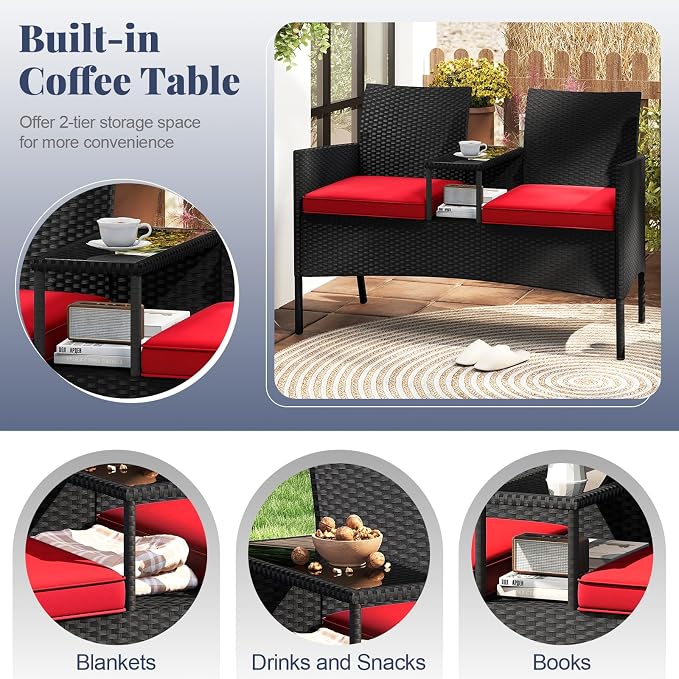 Tangkula Patio Loveseat with Built-in Table, Wicker 2-Seat Furniture with Soft - Image 6