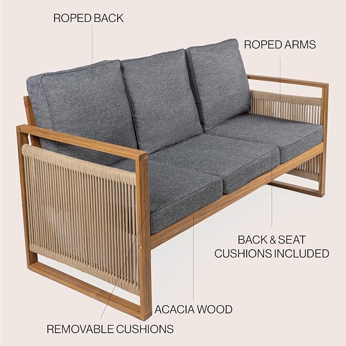 JONATHAN Y SFB1002B Gable 3-Seat Mid-Century Modern Roped Acacia Wood Outdoor - Image 4