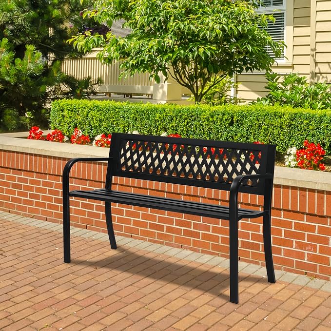 47in Outdoor Garden Park Bench, Outdoor Metal Porch Benches, Weatherproof Patio - Image 6