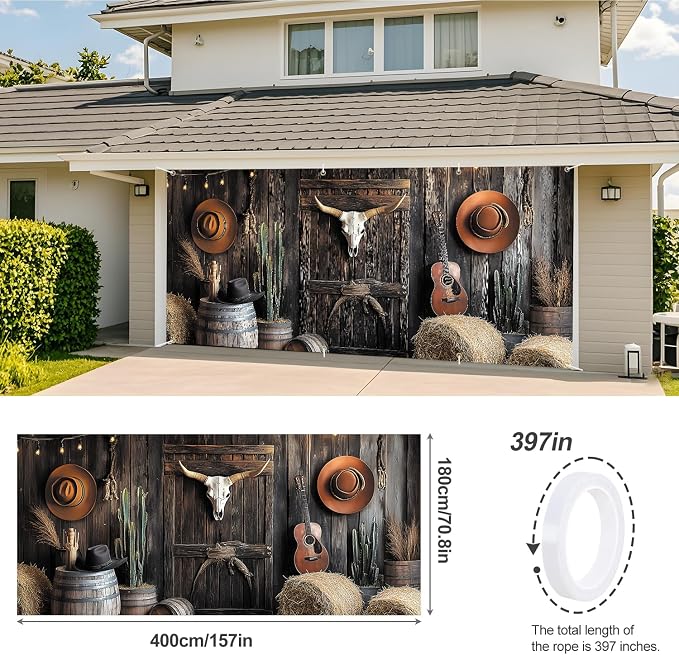 ANNA QUEEN Western Cowboy Garage Door Banner 6x13FT, Rustic Barn Door Backdrop - Image 3
