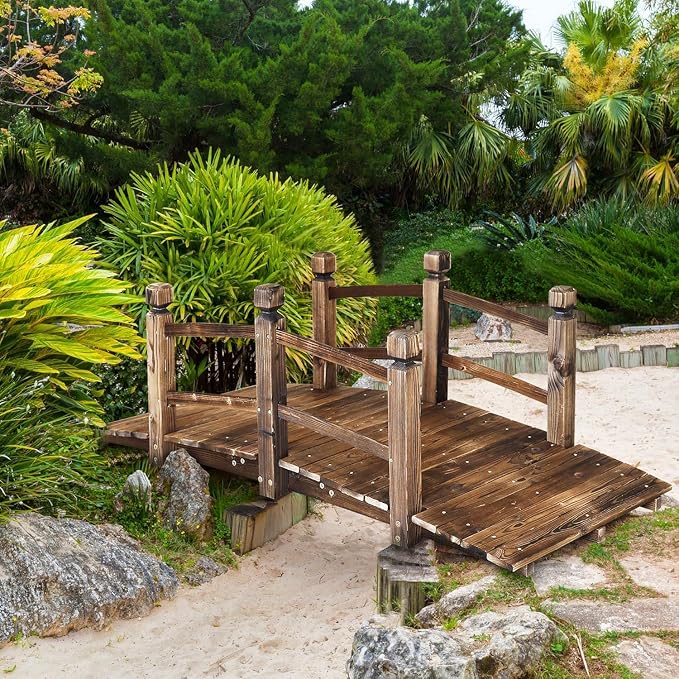 5FT Wooden Garden Bridge Arch Stained Finish Footbridge Decorative Backyard - Image 2