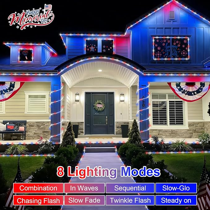 QITONG Red White Blue Solar Rope Lights, 2 Pack Each 33ft 100 LED 4th of July - Image 3