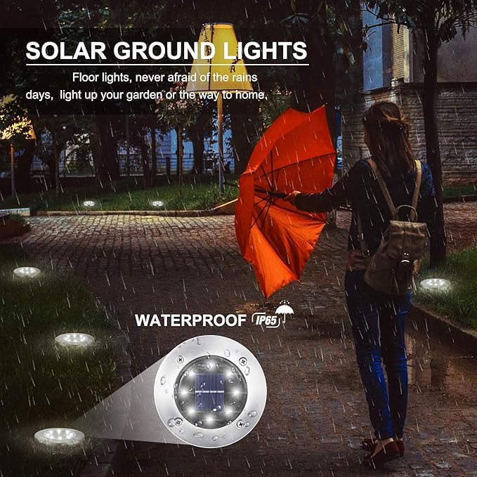 LYHOPE Solar Ground Lights Outdoor, 16 Pack 8 LED Solar Disk Lights Waterproof - Image 4