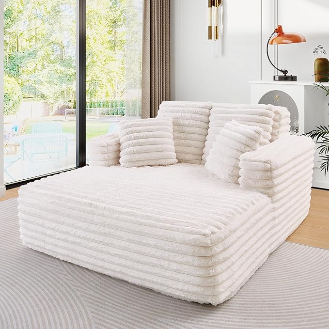 56" Oversized Chaise Lounge Chair Indoor, Plush Faux Fur Sleeper Sofa Couch Bed by JEEOHEY