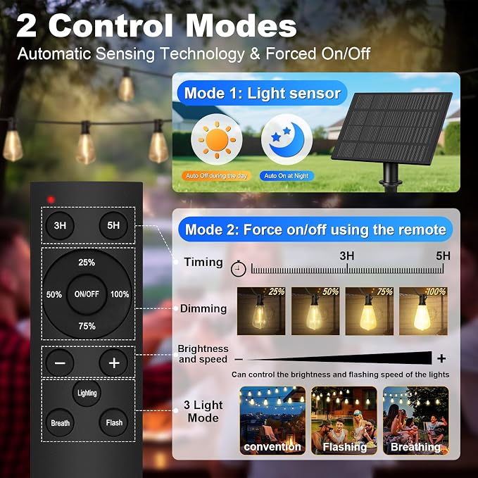50FT Solar String Lights with 32+2 LED Bulbs, Patio String Lights Whith Remote - Image 4
