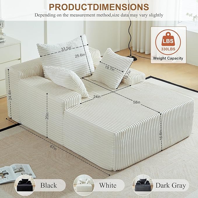 67 Inch Chaise Lounge Chair Indoor, Oversized Upholstered Boneless Sofa Bed - Image 2