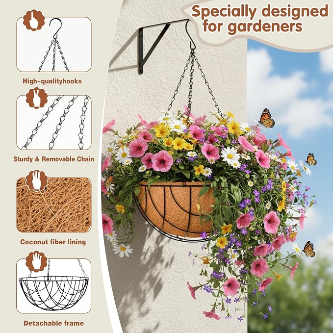 14 inch Metal Hanging Baskets For Plants Outdoor 4 Pack Round Metal Wire - Image 6
