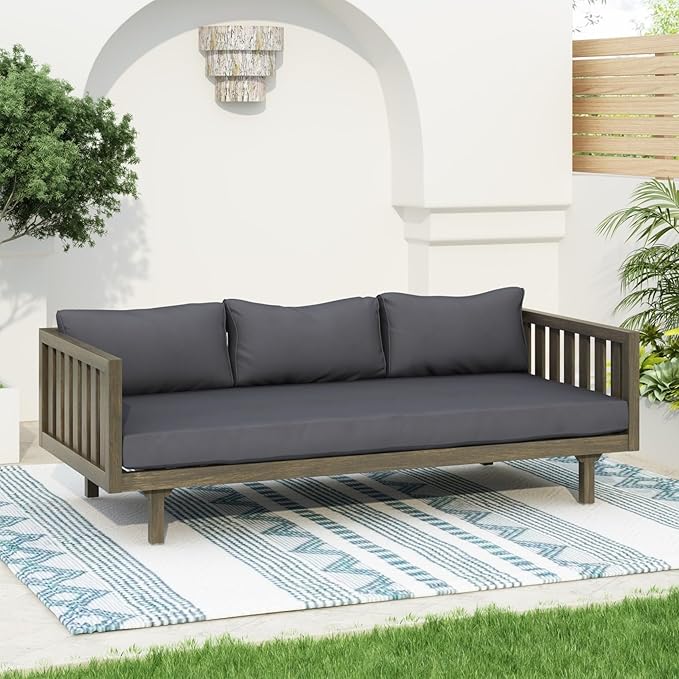 Merax Solid Acacia Wood Couch Chaise Lounge Chair Indoor, 3 Seater Daybed Sofa - Image 5